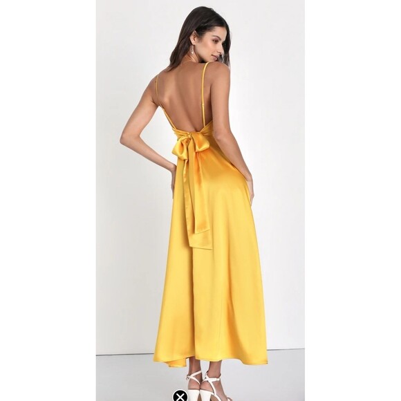 Lulus Always Audacious Marigold Yellow Satin Tie-Back Wrap Around Midi Dress XL - Picture 6 of 7